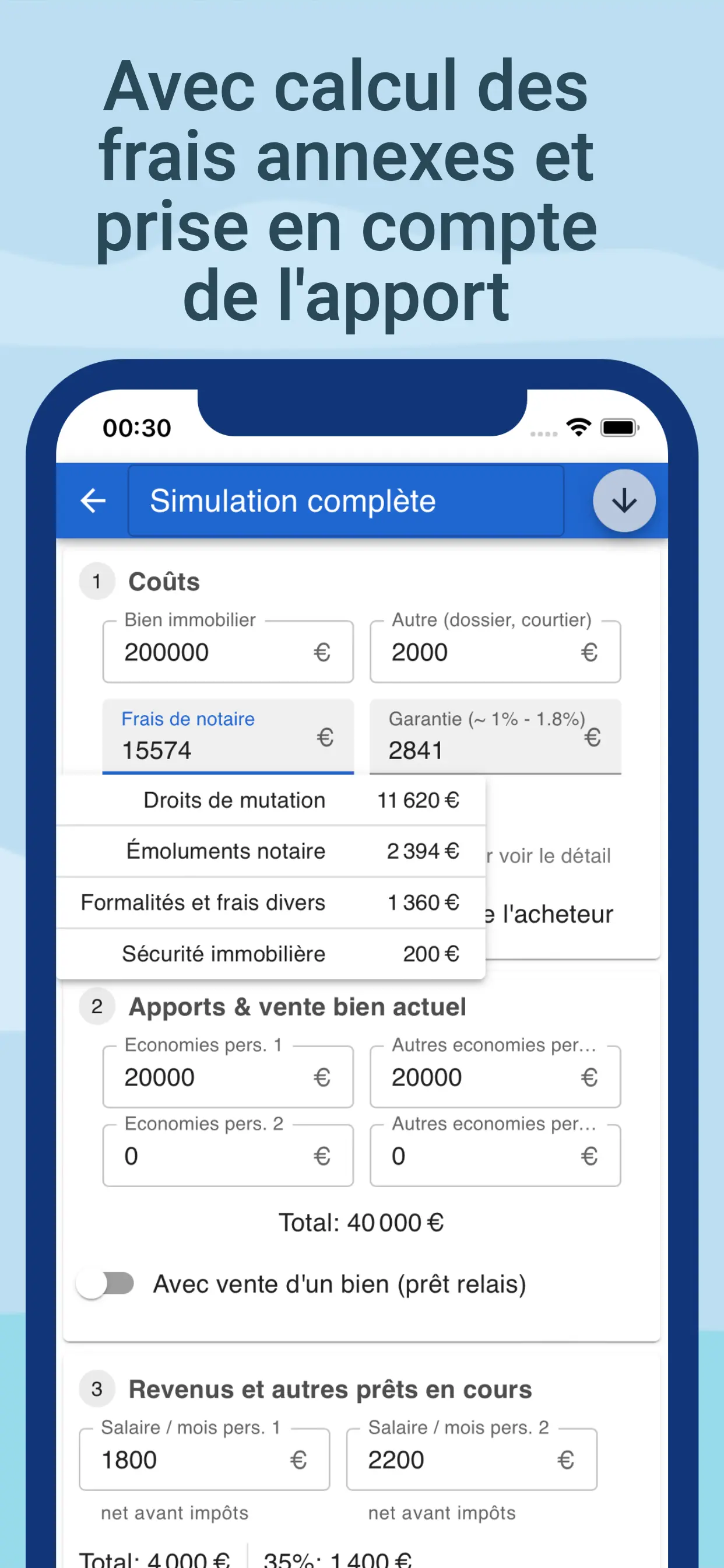 Calcul des frais annexes et prise en compte de l'apport de l'opération immobiliere